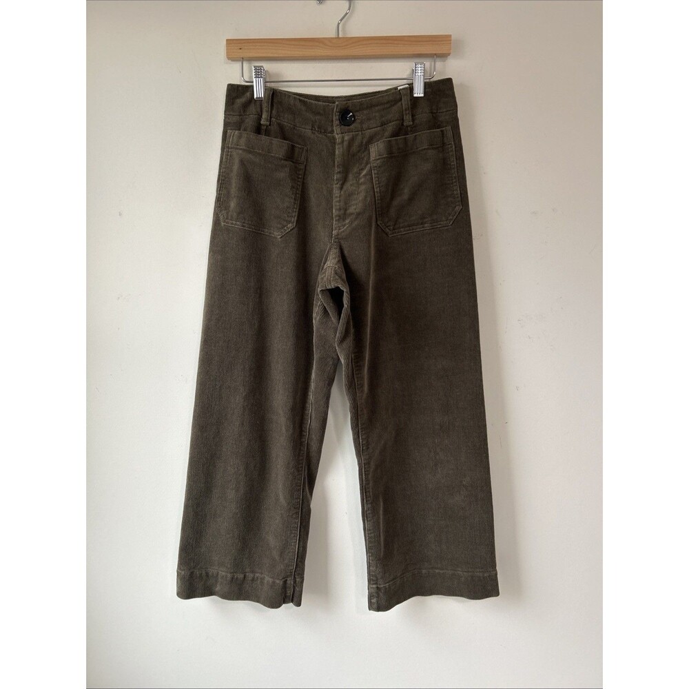 Quince Stretch Corduroy Cropped Wide Leg Pants Olive Green Patch Pockets Size 4 - Picture 3 of 14